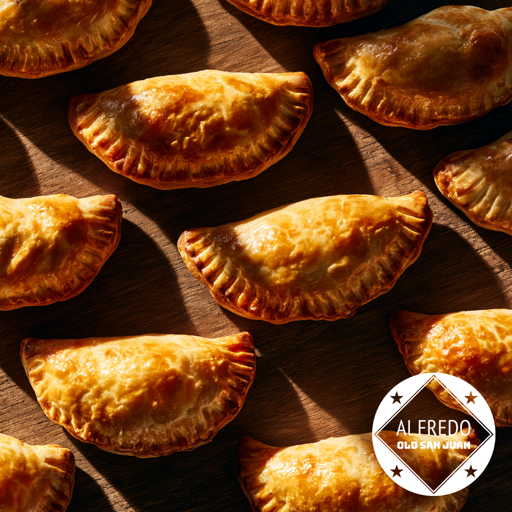 Baked Empanadas arranged on a wood board