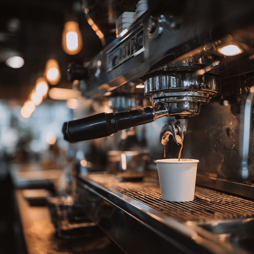 Espresso machine pouring liquid into a white paper cup