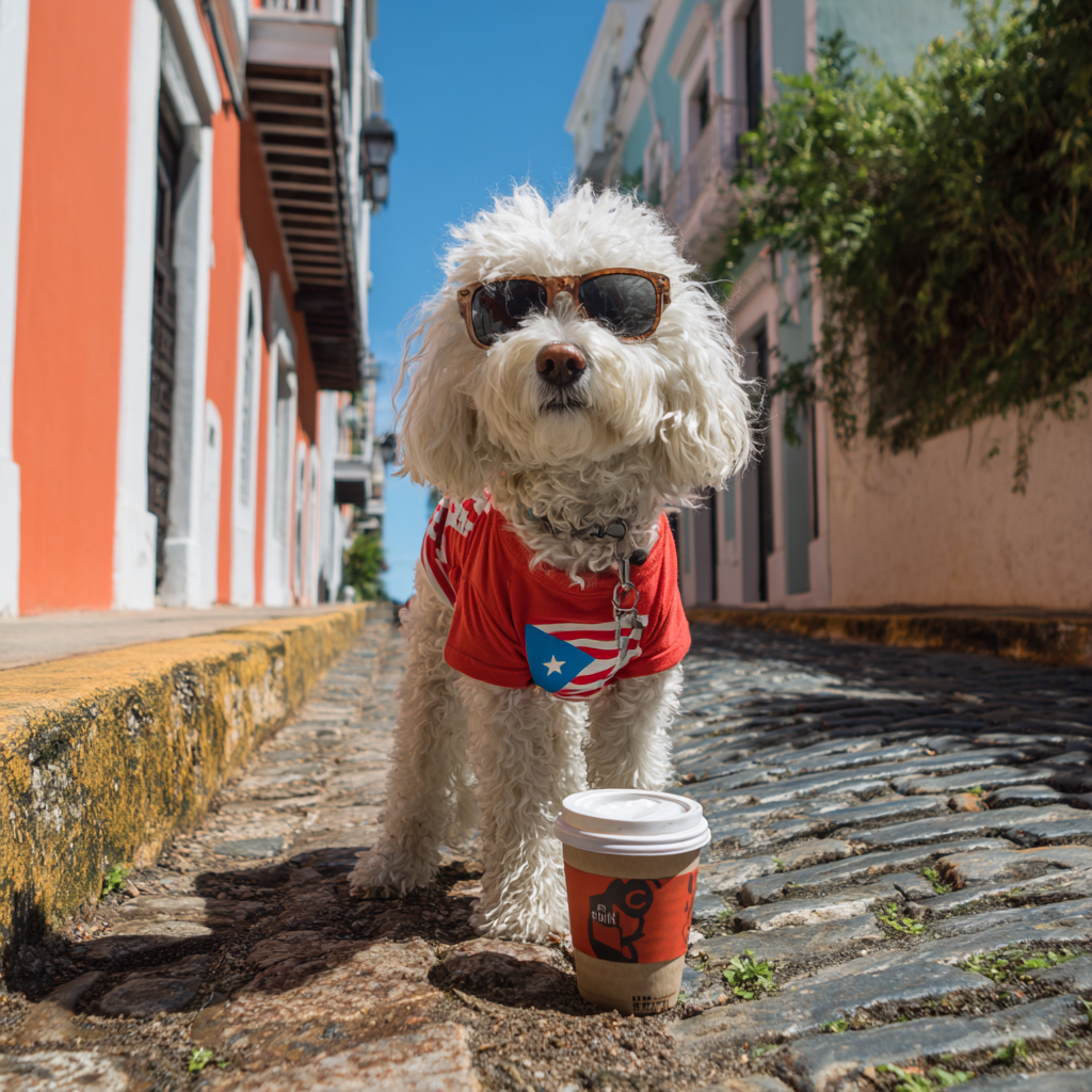 Bichon wearing sunglasses and Puerto Rican T-Shirt on cobblestone street in Old San Juan