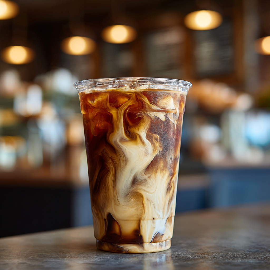 Tall clear plastic cup filled with iced coffee