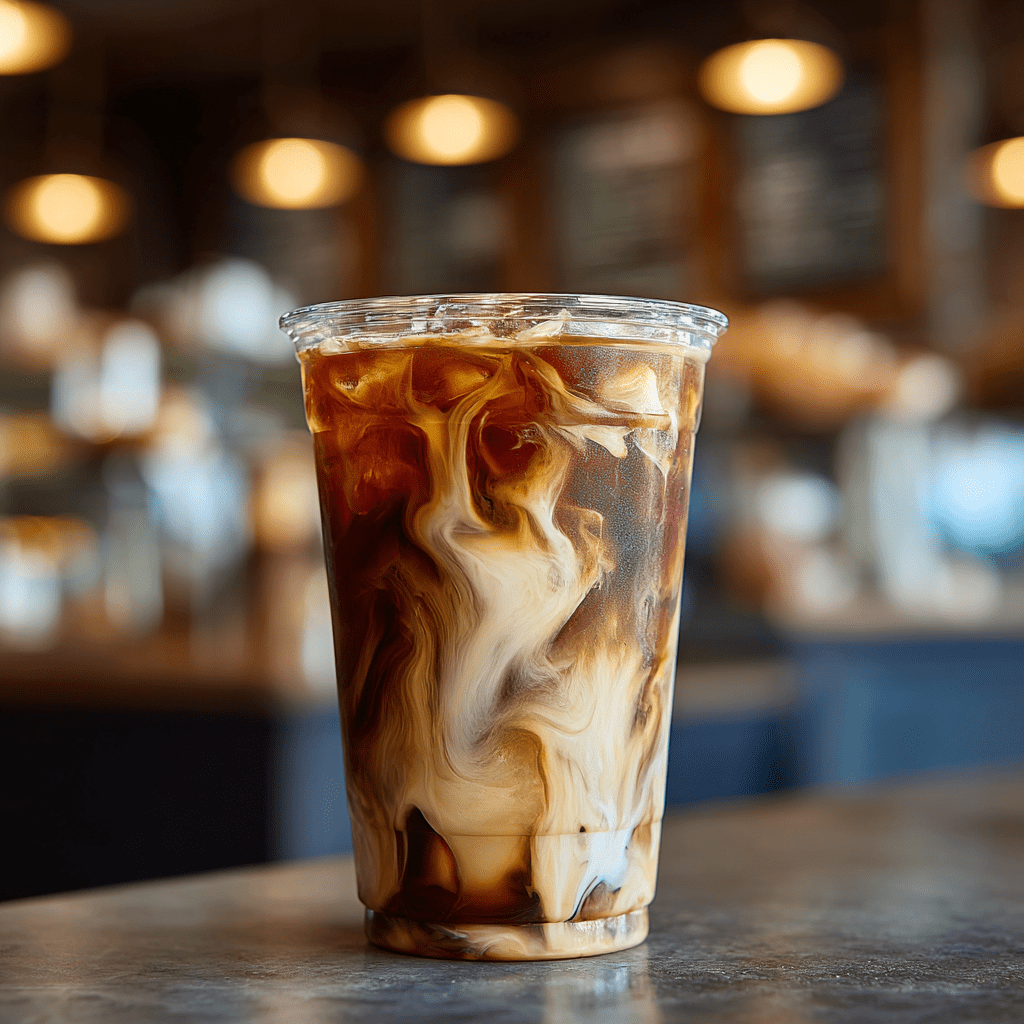 Tall clear plastic cup filled with iced coffee