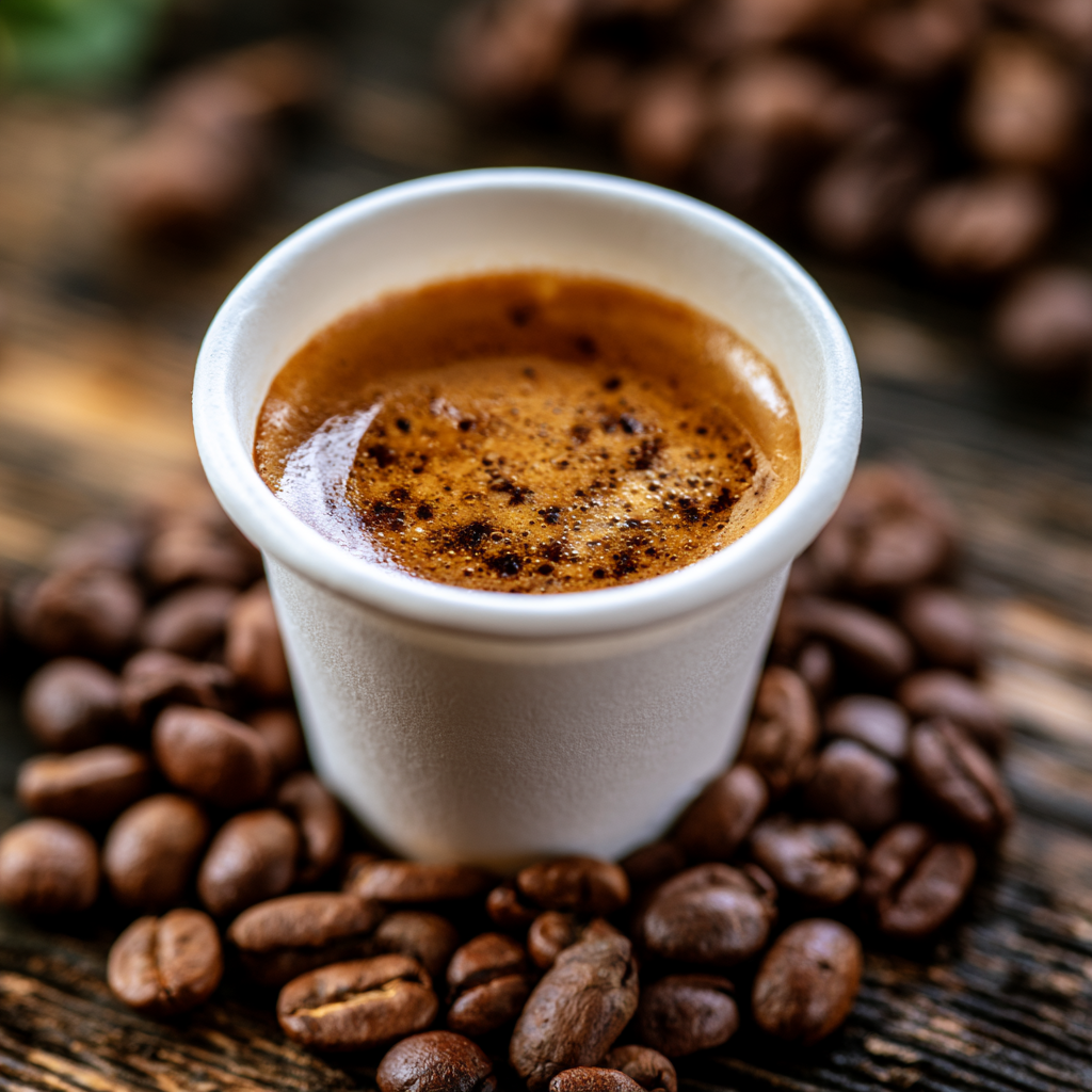 Top down image of espresso in a white paper cup